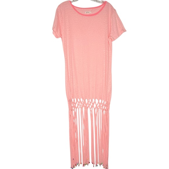 Pitusa Pink Fringe Maxi T-shirt Dress Beaded Hem size Petite - Picture 2 of 7
